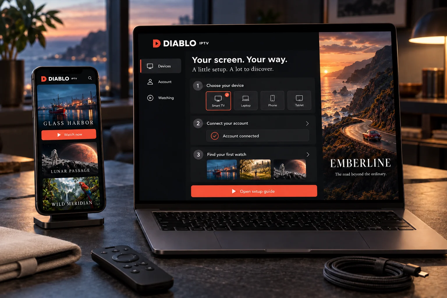 A Diablo IPTV setup interface with a connected account on a laptop beside a phone showing fictional films.