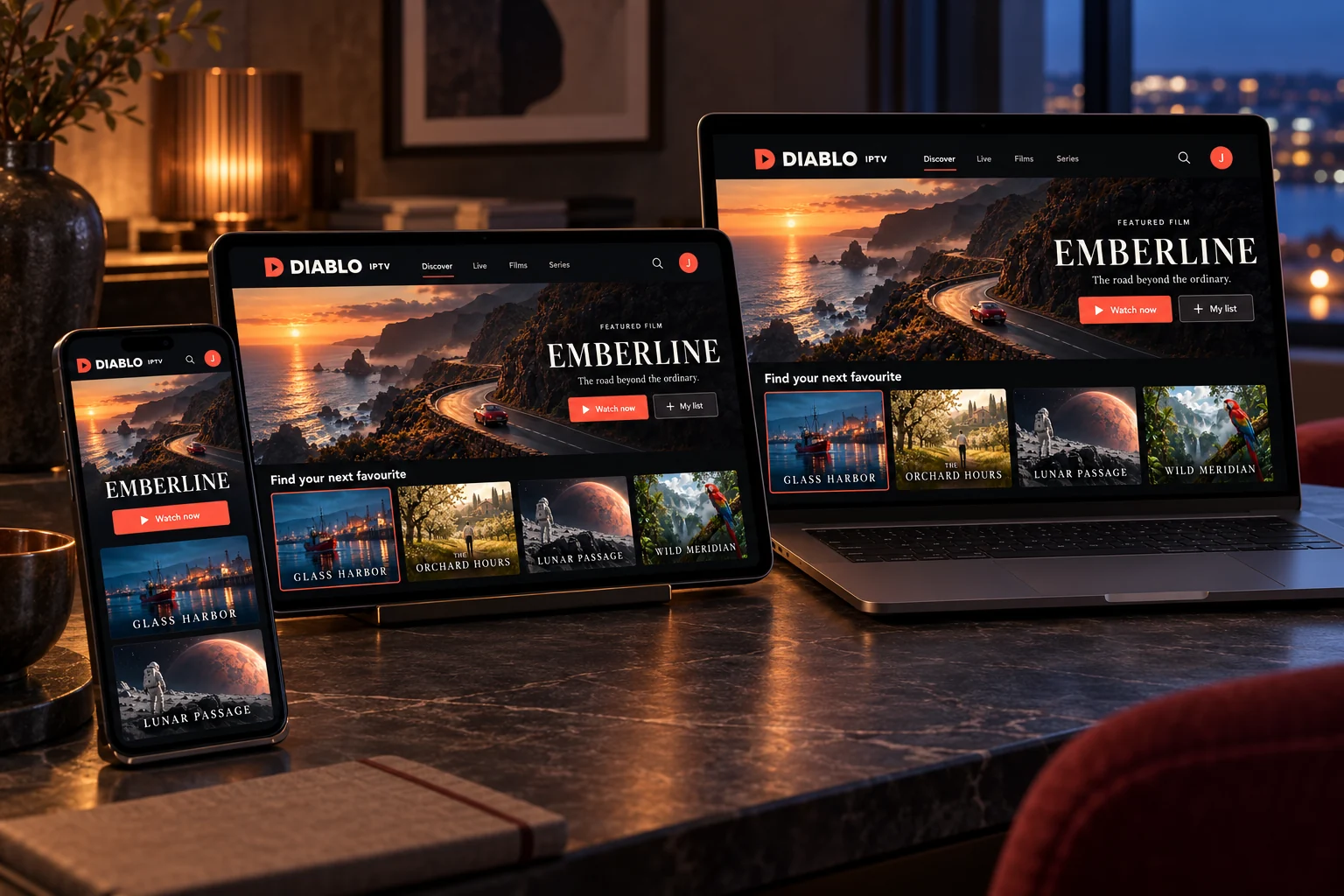Diablo IPTV shown on a laptop, tablet and phone on a dark stone table.