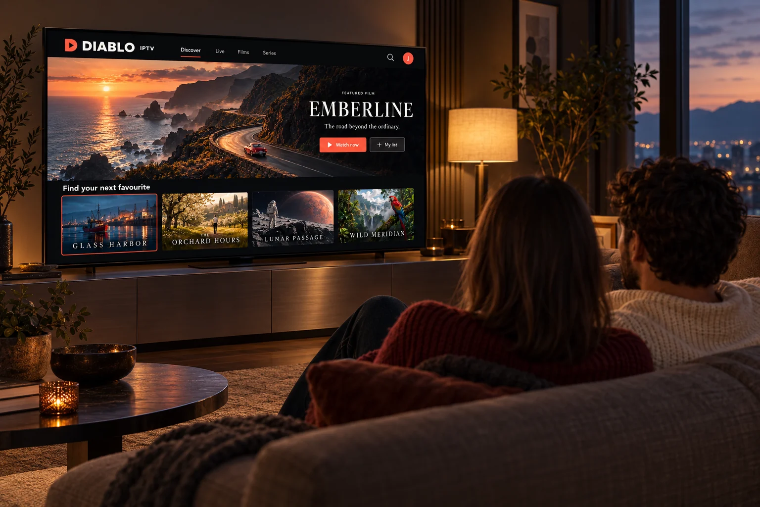 Two people relaxing together while the Diablo IPTV library appears on their television.